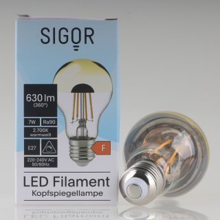 Sigor E27 LED Filament Kopfspiegellampe gold 7W(=50W) 220-240V 630 lm 2700K warmweiß dimmbar