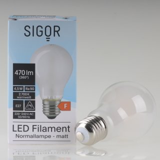 Sigor E27 LED Filament Leuchtmittel matt 4,5W=(40W) 220-240V 470 lm 2700K  warmweiß dimmbar