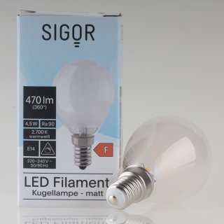 Sigor E14 LED Filament Tropfenlampe matt 4,5W = (40W) 470lm 2700K warmweiß dimmbar